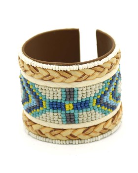 Multi White Base Seed Bead Chatai Bunai Leather Cuff